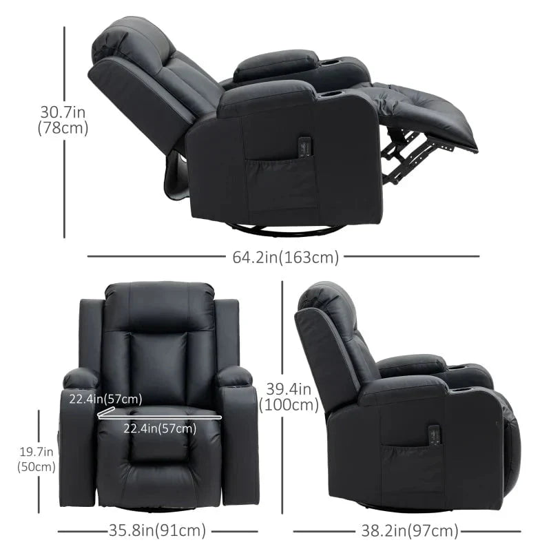 8 Vibration Points Massage Swivel Reclining Chair with Cup Holders in Faux Leather - Available in 2 Colours