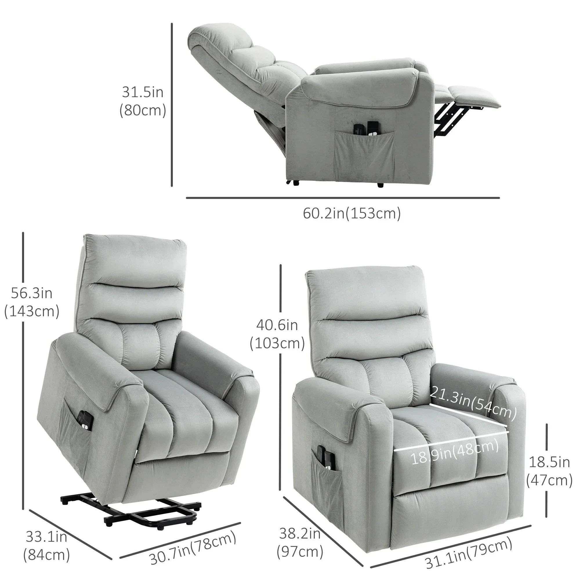 Power Massage Lift Recliner Chair with 8 Vibration Points in Grey