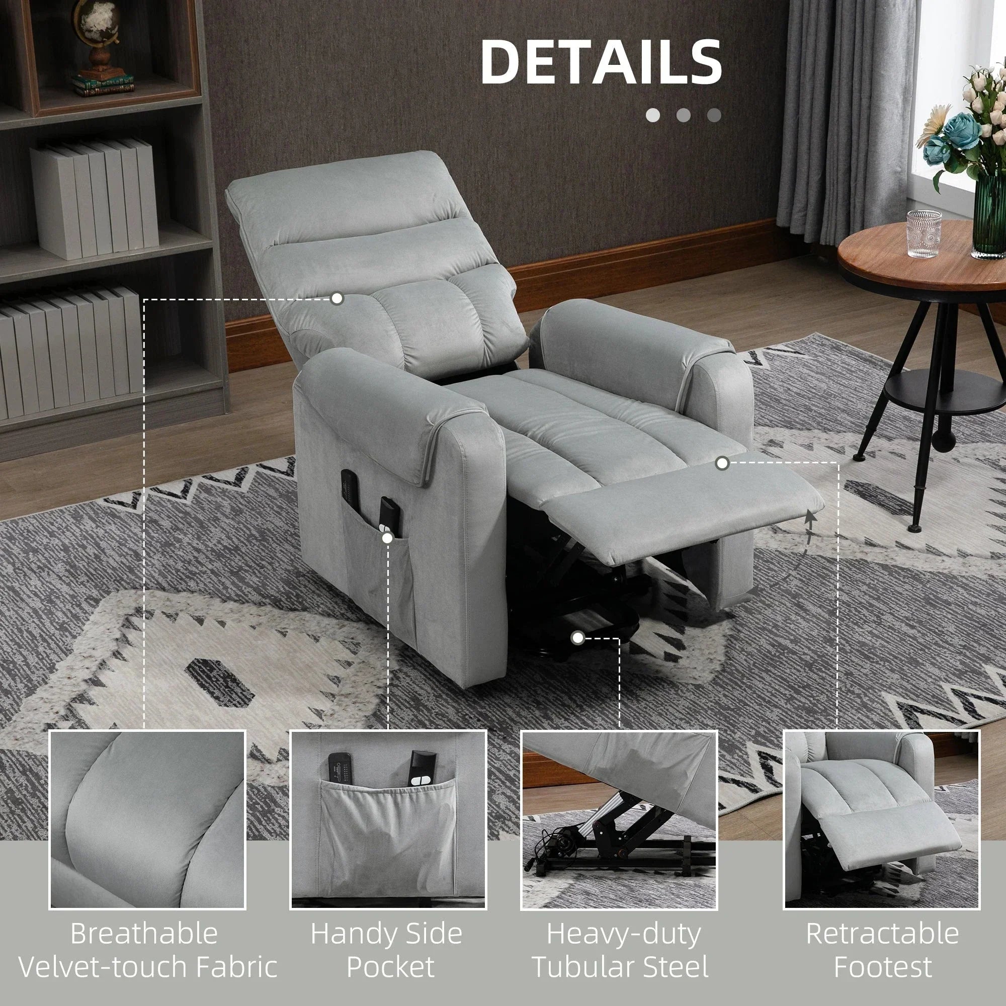 Power Massage Lift Recliner Chair with 8 Vibration Points in Grey