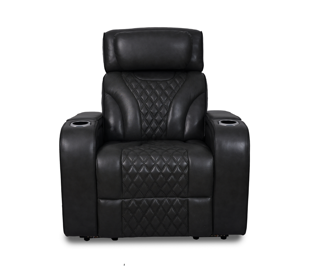 Nexus 38" Power Reclining Chair with Adjustable Headrest, Storage and Cupholders in Black Leather