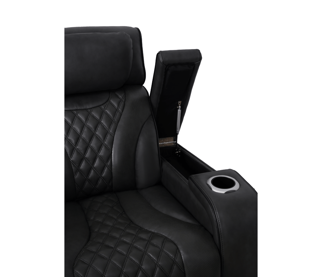 Nexus 38" Power Reclining Chair with Adjustable Headrest, Storage and Cupholders in Black Leather