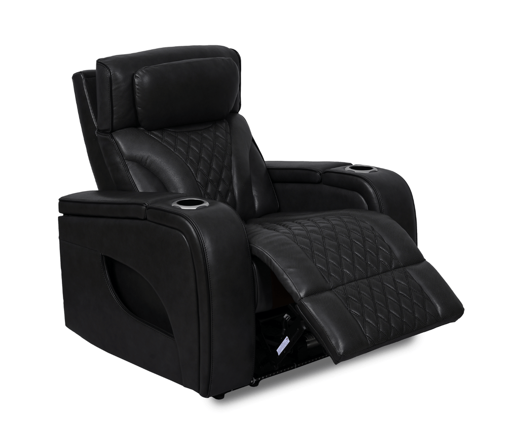 Nexus 38" Power Reclining Chair with Adjustable Headrest, Storage and Cupholders in Black Leather