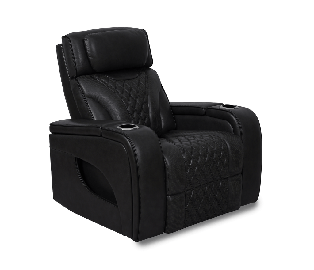 Nexus 38" Power Reclining Chair with Adjustable Headrest, Storage and Cupholders in Black Leather