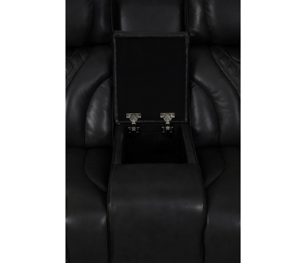 Nexus 74" Power Reclining Loveseat with Console, Adjustable Headrest, Storage and Cupholders in Black Leather