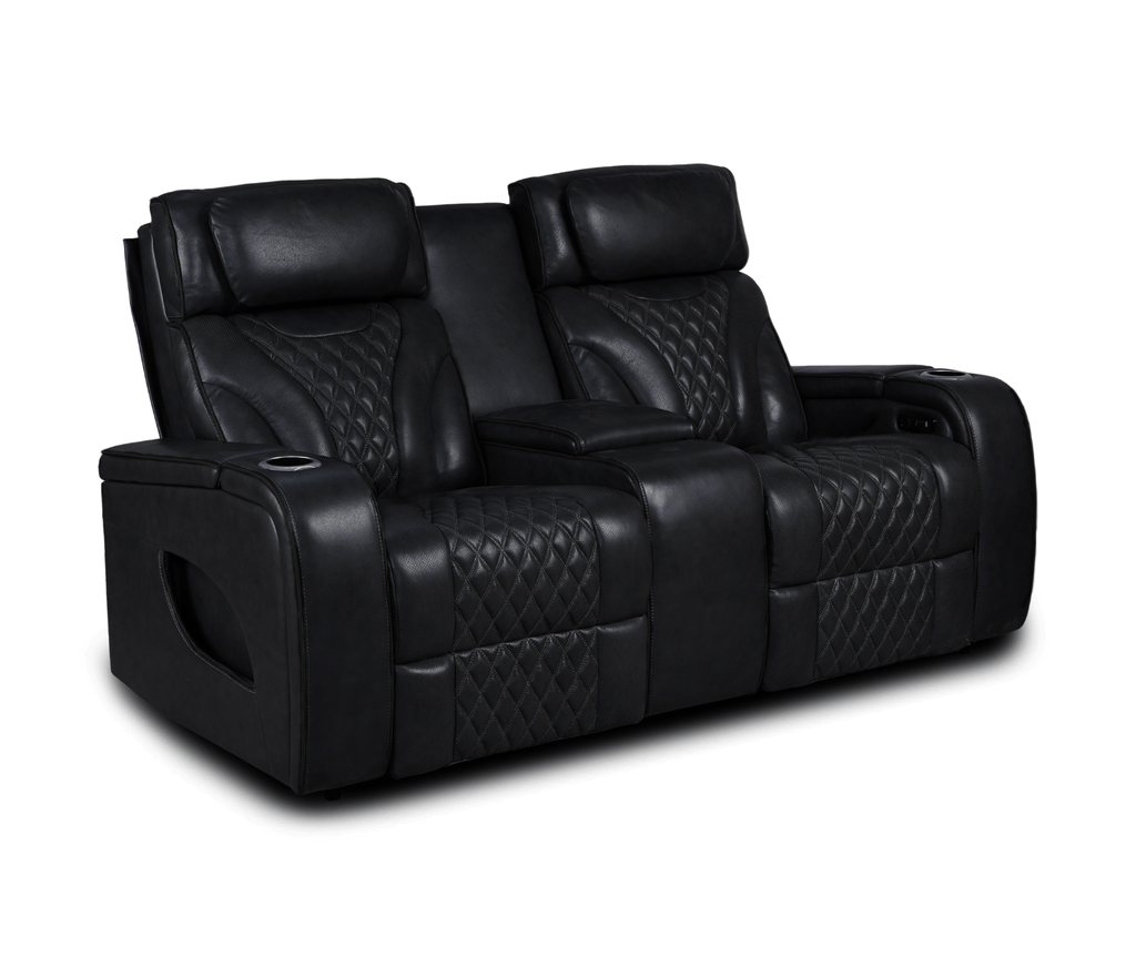 Nexus 74" Power Reclining Loveseat with Console, Adjustable Headrest, Storage and Cupholders in Black Leather