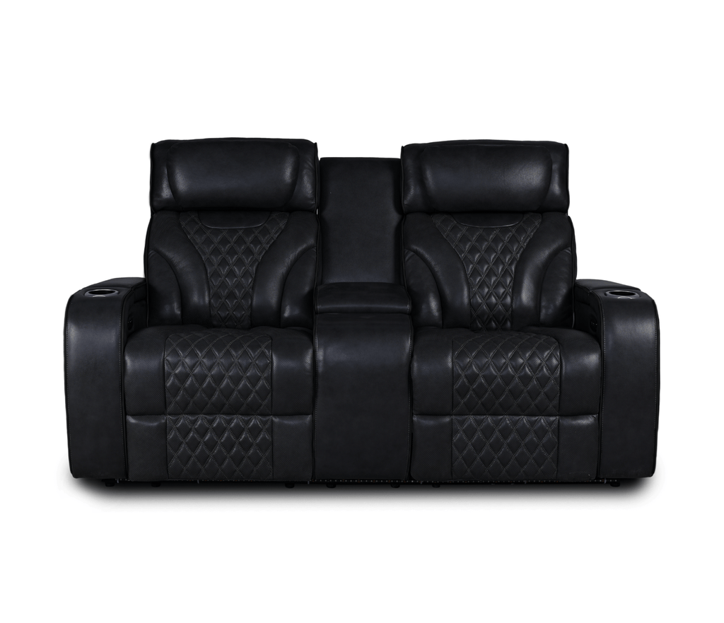 Nexus 74" Power Reclining Loveseat with Console, Adjustable Headrest, Storage and Cupholders in Black Leather