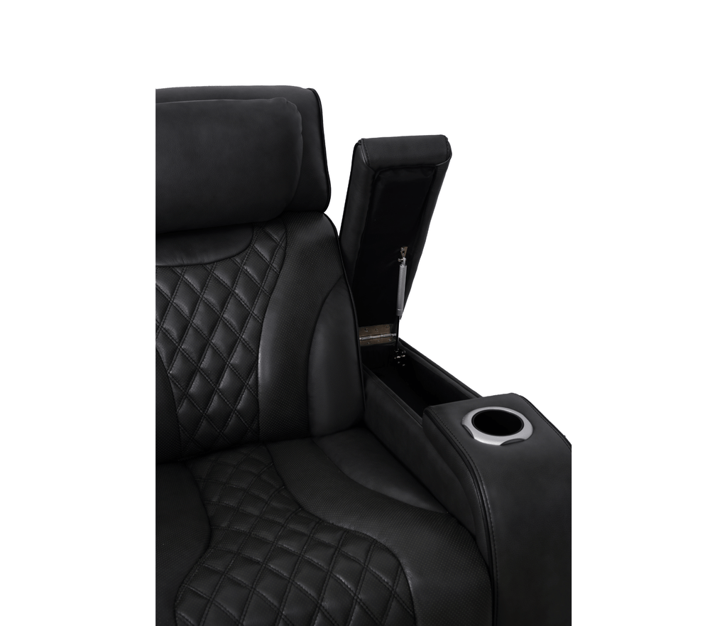Nexus 86" Power Reclining Sofa with Adjustable Headrest, Storage and Cupholders in Black Leather