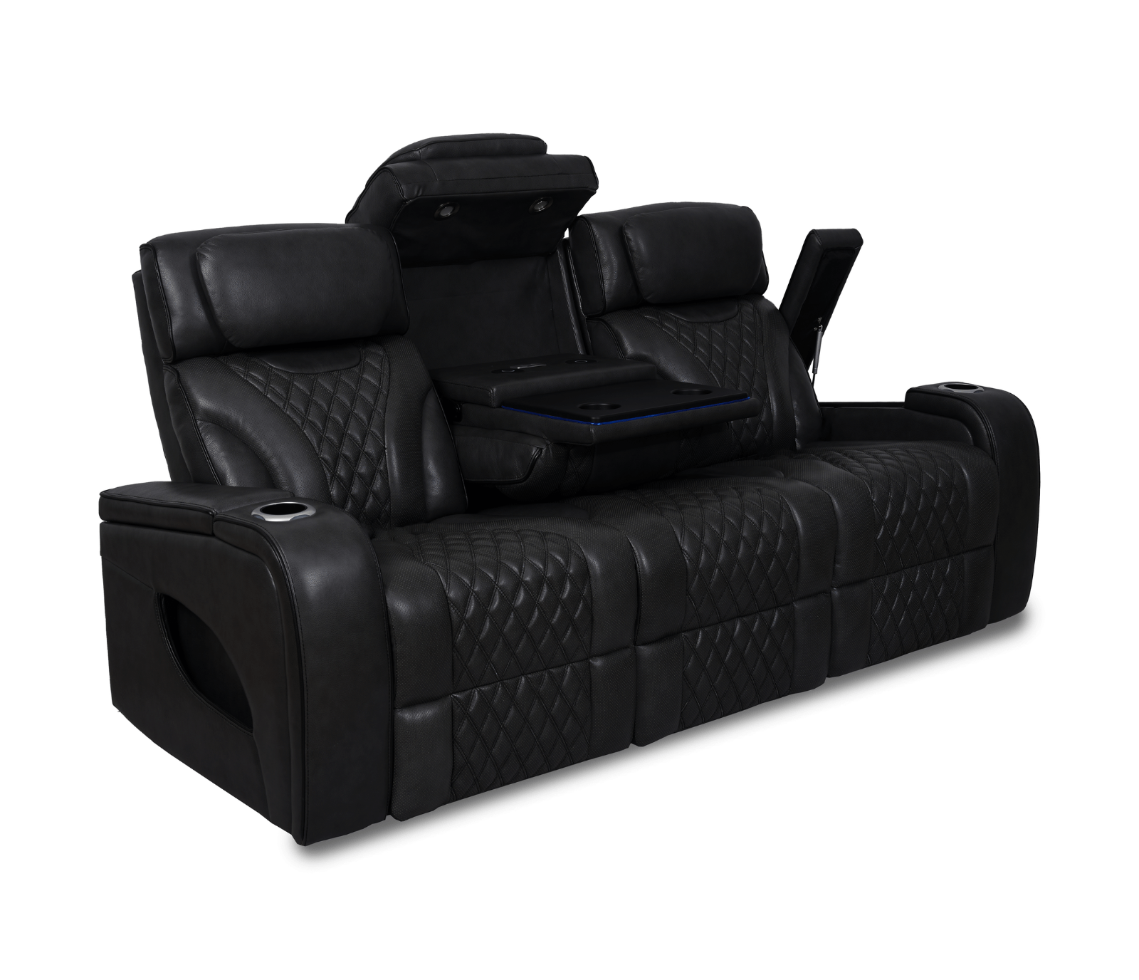 Nexus 86" Power Reclining Sofa with Adjustable Headrest, Storage and Cupholders in Black Leather