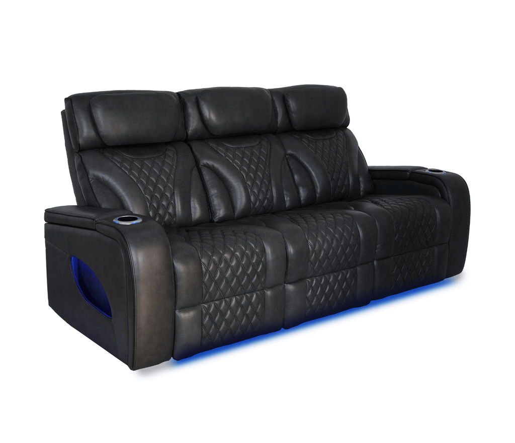 Nexus 86" Power Reclining Sofa with Adjustable Headrest, Storage and Cupholders in Black Leather
