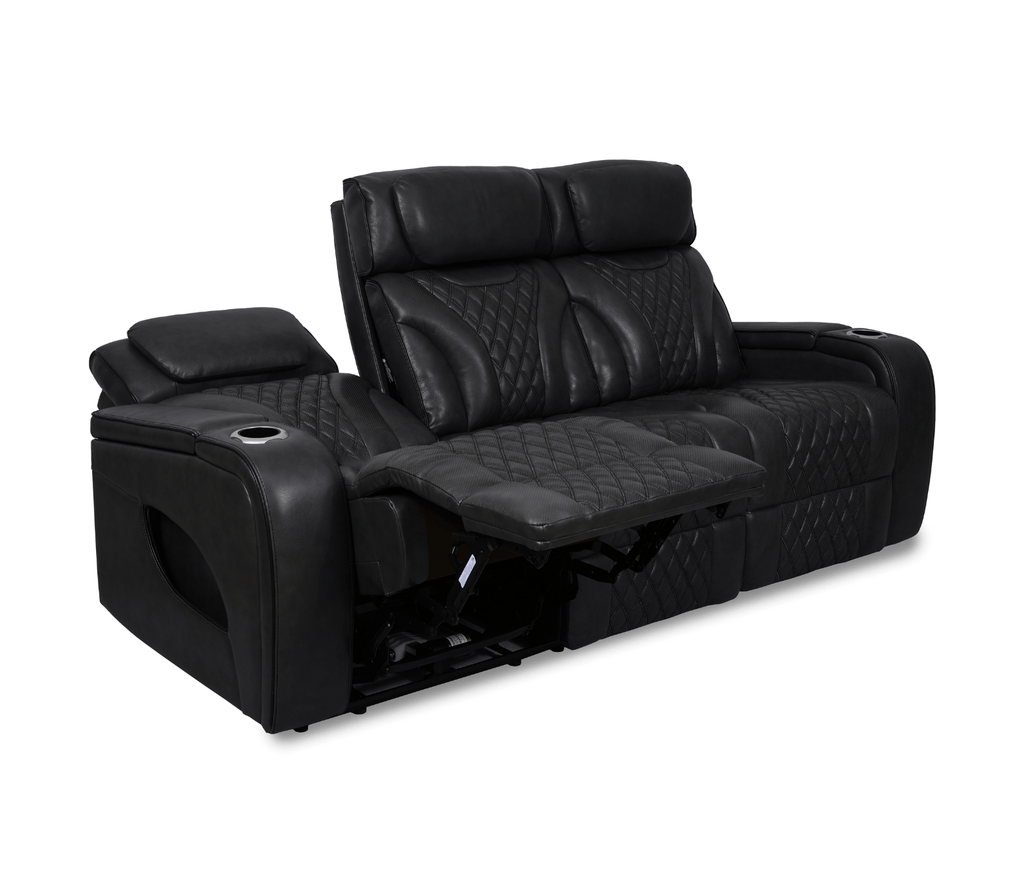 Nexus 86" Power Reclining Sofa with Adjustable Headrest, Storage and Cupholders in Black Leather