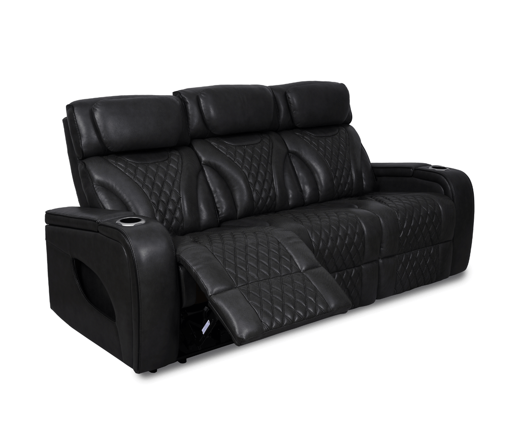 Nexus 86" Power Reclining Sofa with Adjustable Headrest, Storage and Cupholders in Black Leather