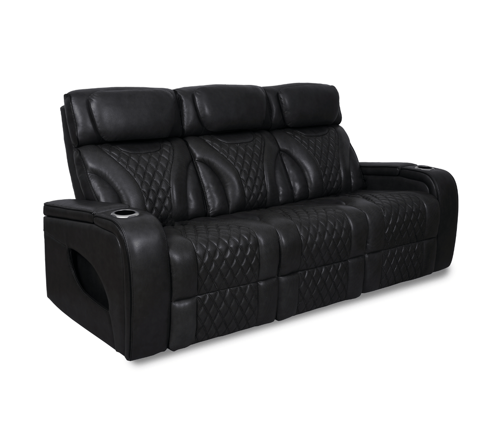 Nexus 86" Power Reclining Sofa with Adjustable Headrest, Storage and Cupholders in Black Leather