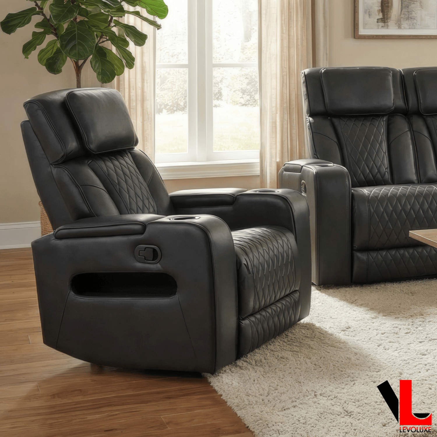 Levoluxe Chair Colton 37" Power Glider Reclining Chair with Power Headrest, Cupholders and Storage in Black Leather Match