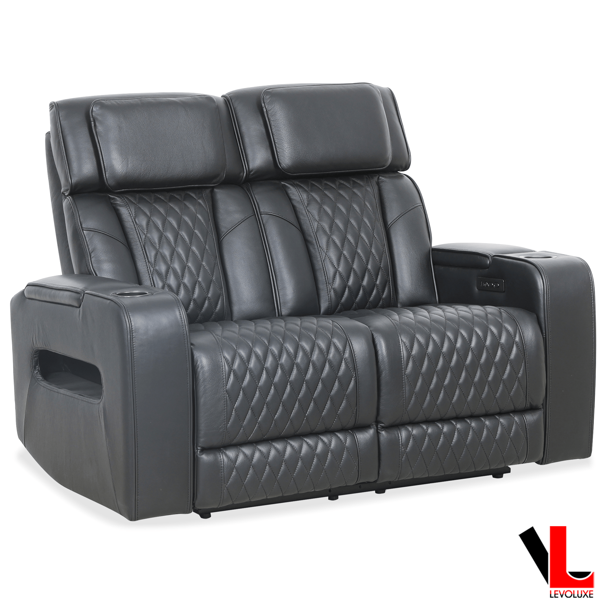 Levoluxe Loveseat Colton 58" Power Reclining 2 Seater Loveseat with Power Headrest, Cupholders and Storage in Black Leather Match