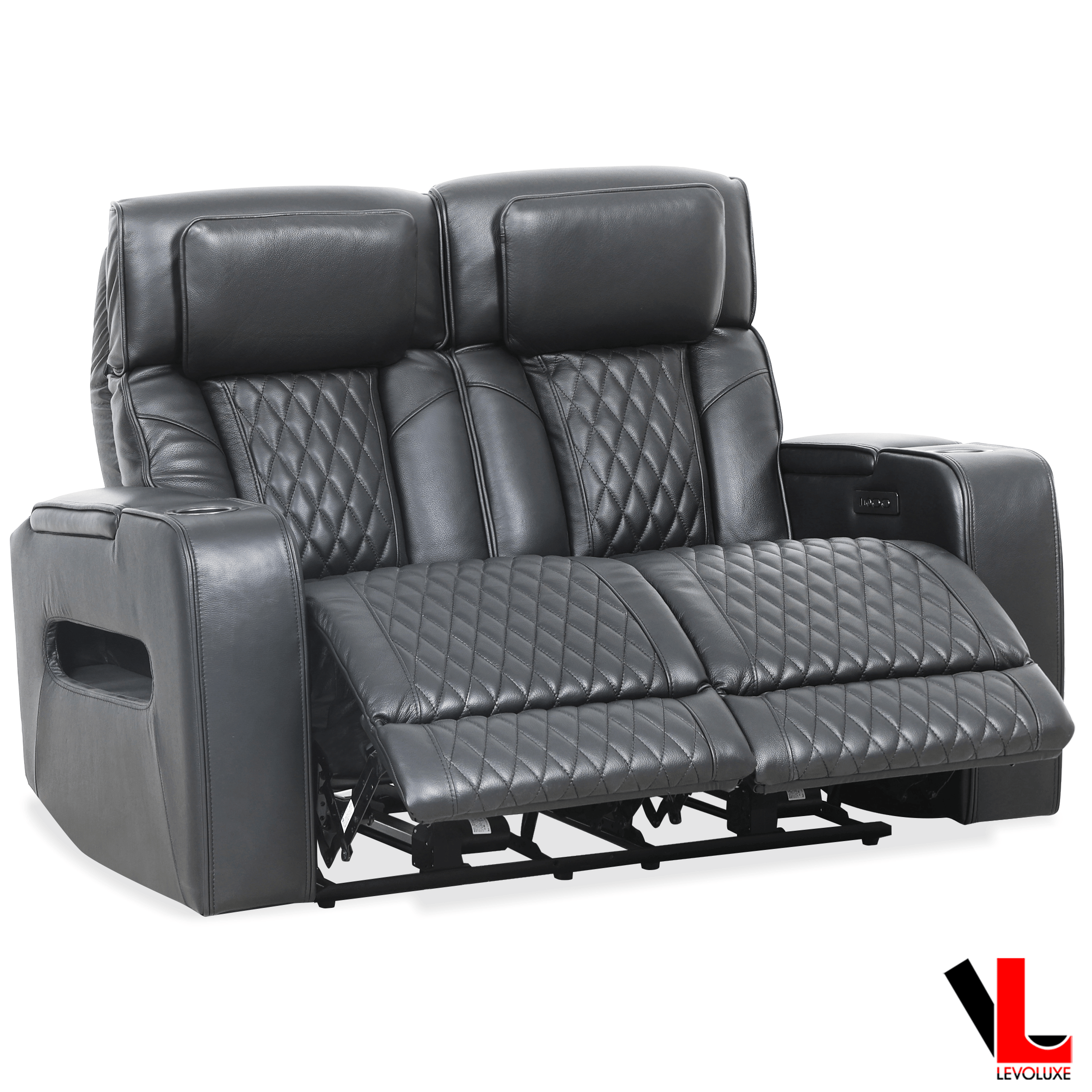 Levoluxe Loveseat Colton 58" Power Reclining 2 Seater Loveseat with Power Headrest, Cupholders and Storage in Black Leather Match
