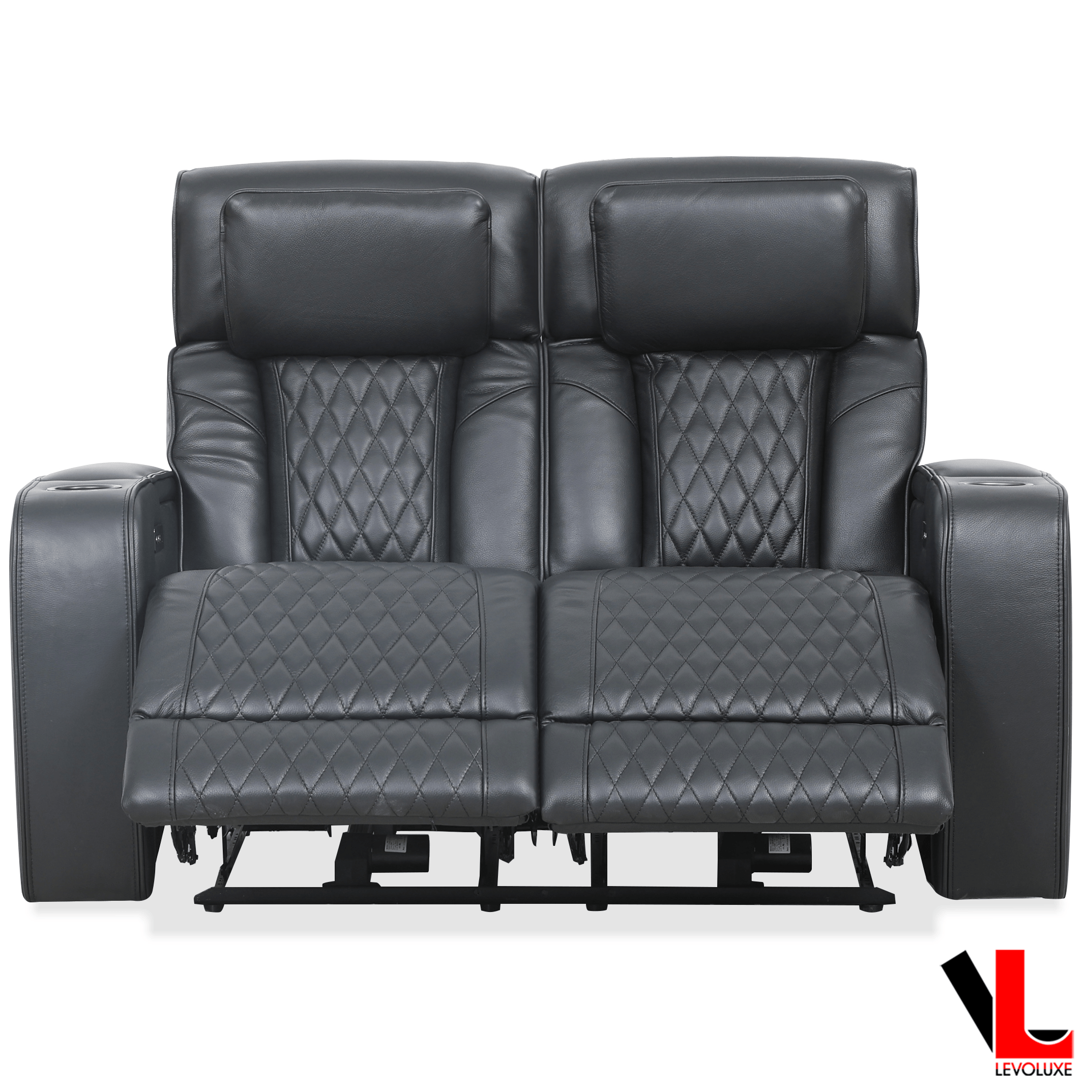 Levoluxe Loveseat Colton 58" Power Reclining 2 Seater Loveseat with Power Headrest, Cupholders and Storage in Black Leather Match