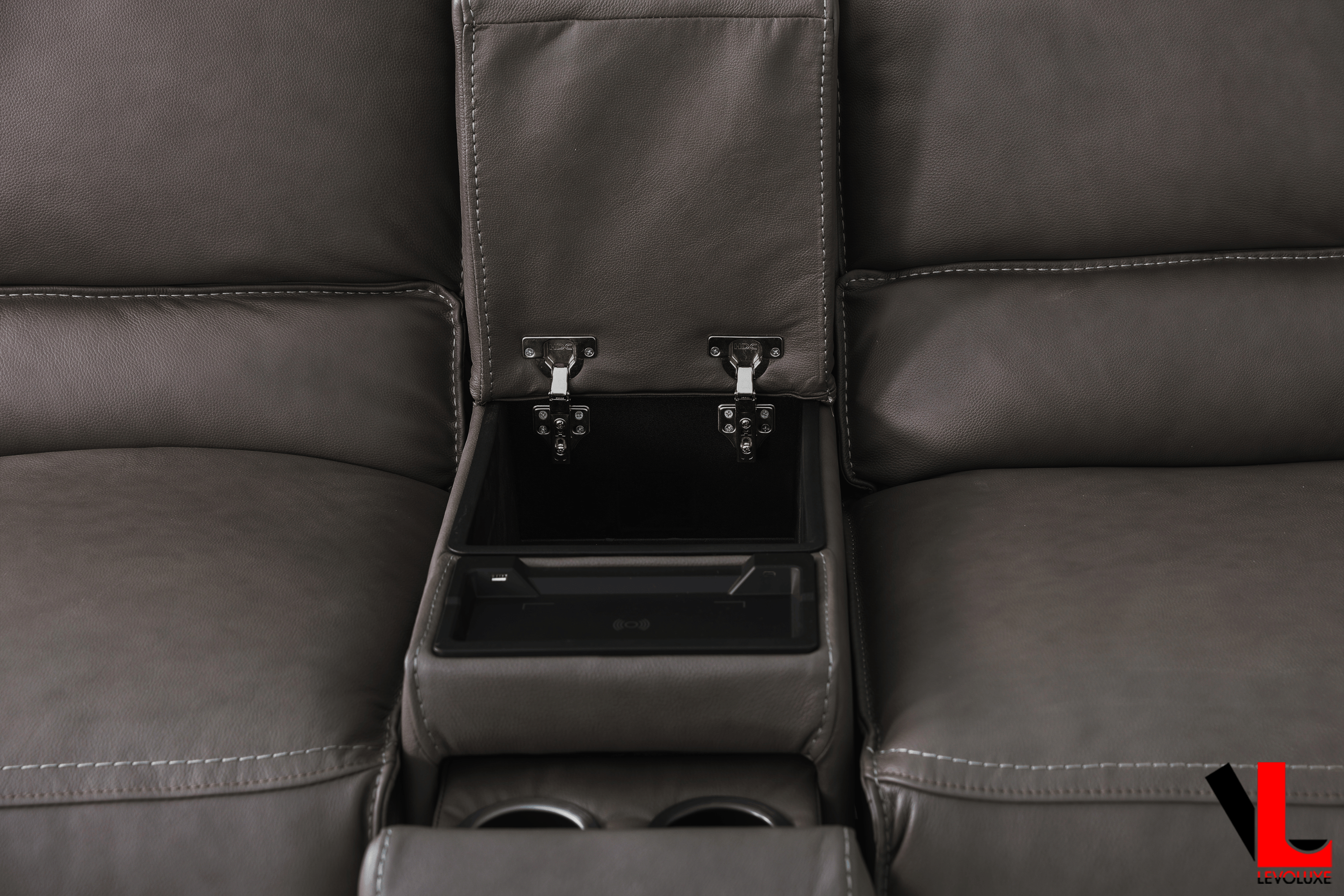 Levoluxe Loveseat Odessa 81" Power Reclining 2 Seater Loveseat with Storage Console and Power Headrests in Tex Grey Leather Match