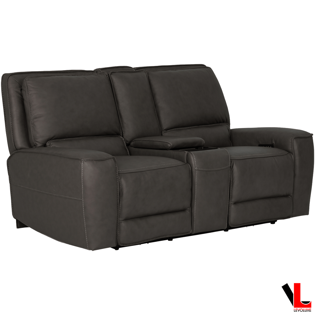 Levoluxe Loveseat Odessa 81" Power Reclining 2 Seater Loveseat with Storage Console and Power Headrests in Tex Grey Leather Match