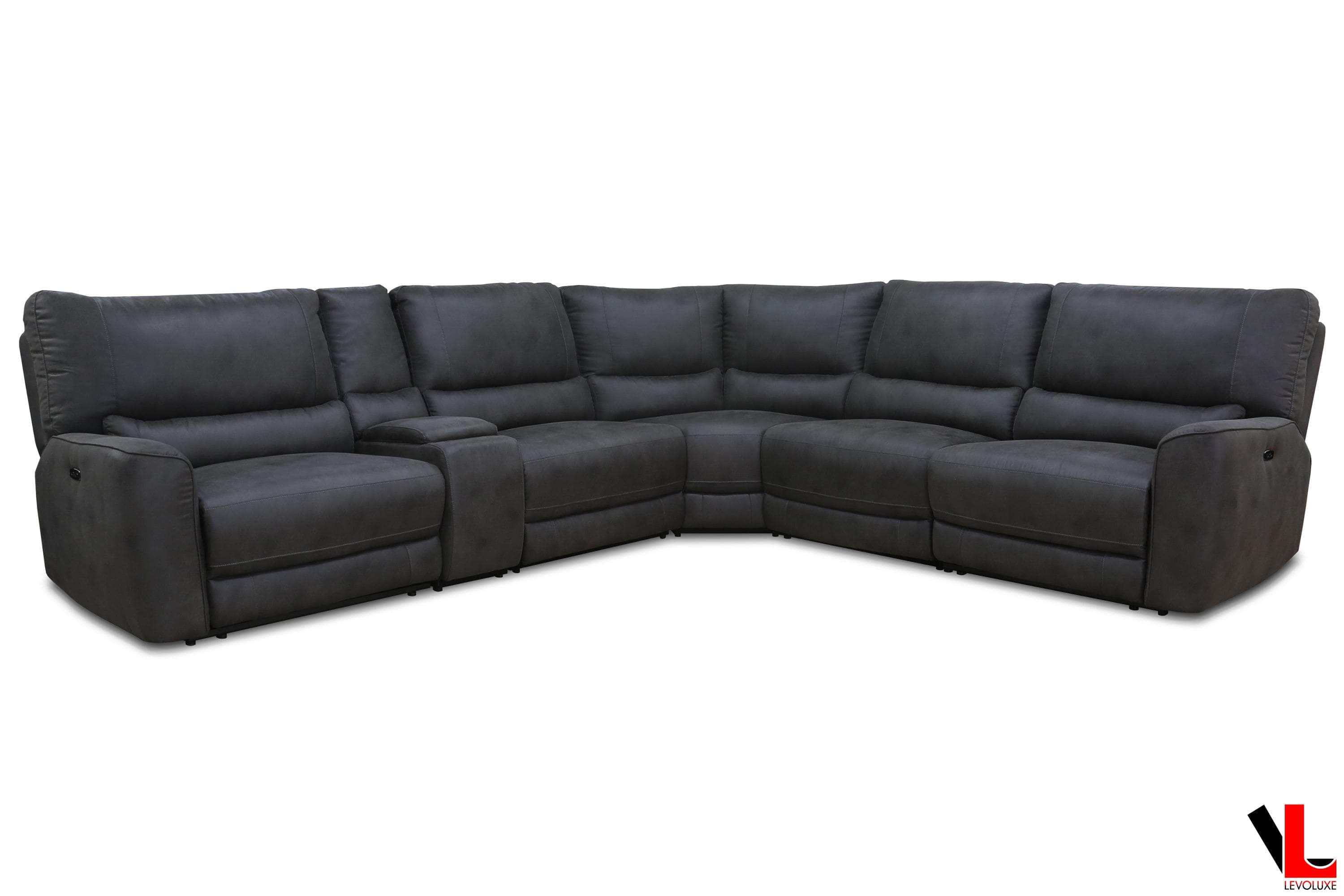 Atlas Corner Sectional Sofa with Console, 2 Power Recliners in Kori Piompo Faux Leather