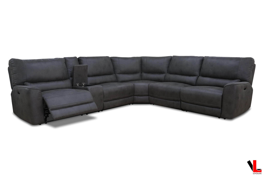 Atlas Corner Sectional Sofa with Console, 2 Power Recliners in Kori Piompo Faux Leather
