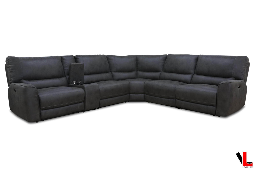 Atlas Corner Sectional Sofa with Console, 2 Power Recliners in Kori Piompo Faux Leather