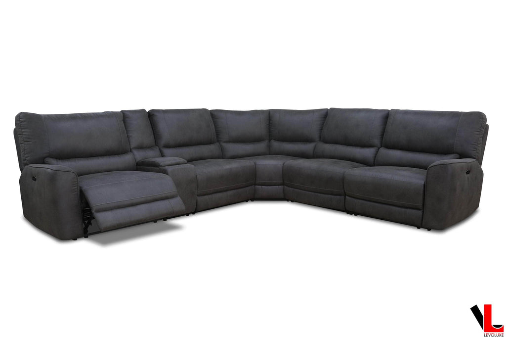 Atlas Corner Sectional Sofa with Console, 2 Power Recliners in Kori Piompo Faux Leather