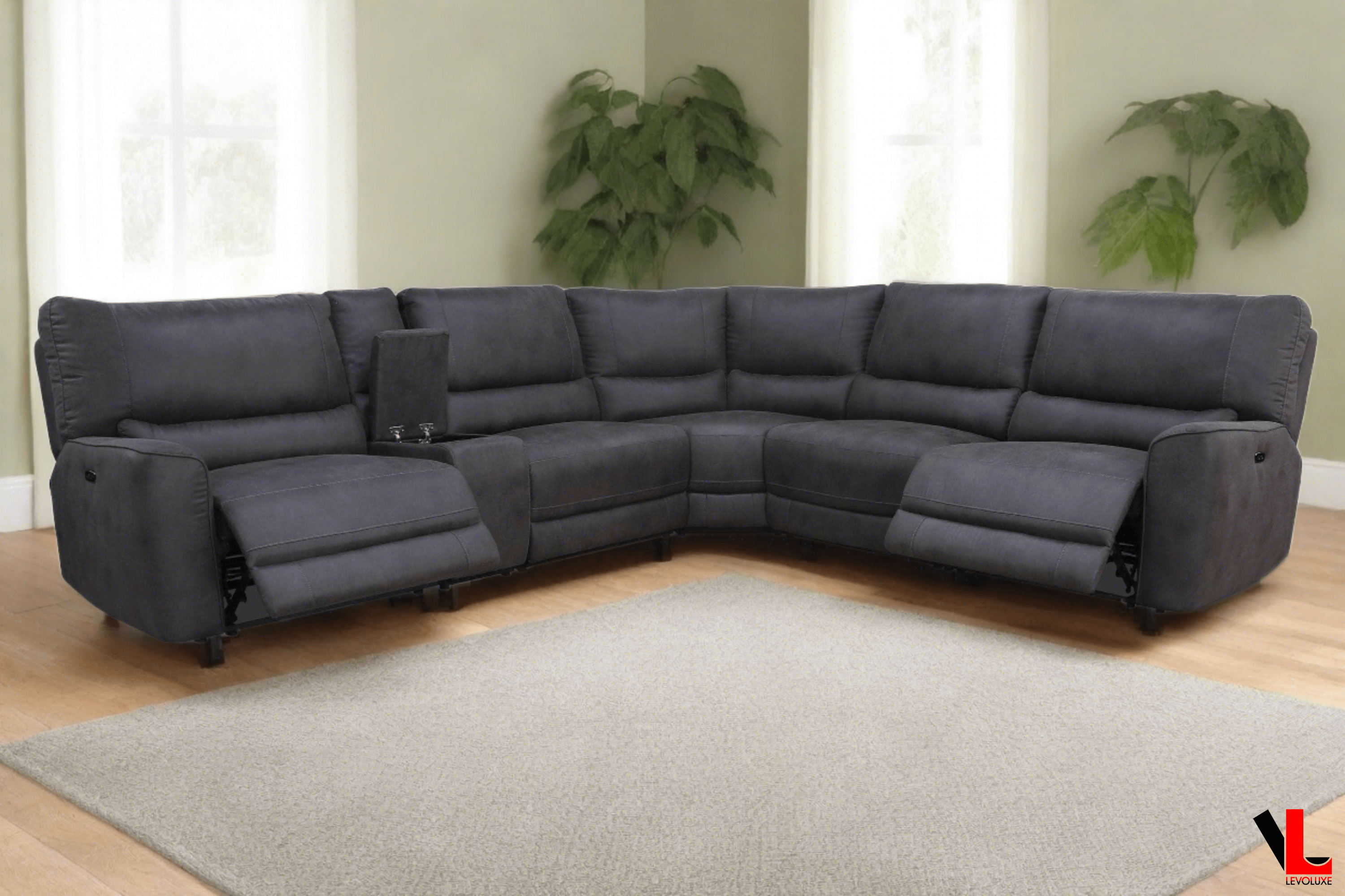 Atlas Corner Sectional Sofa with Console, 2 Power Recliners in Kori Piompo Faux Leather