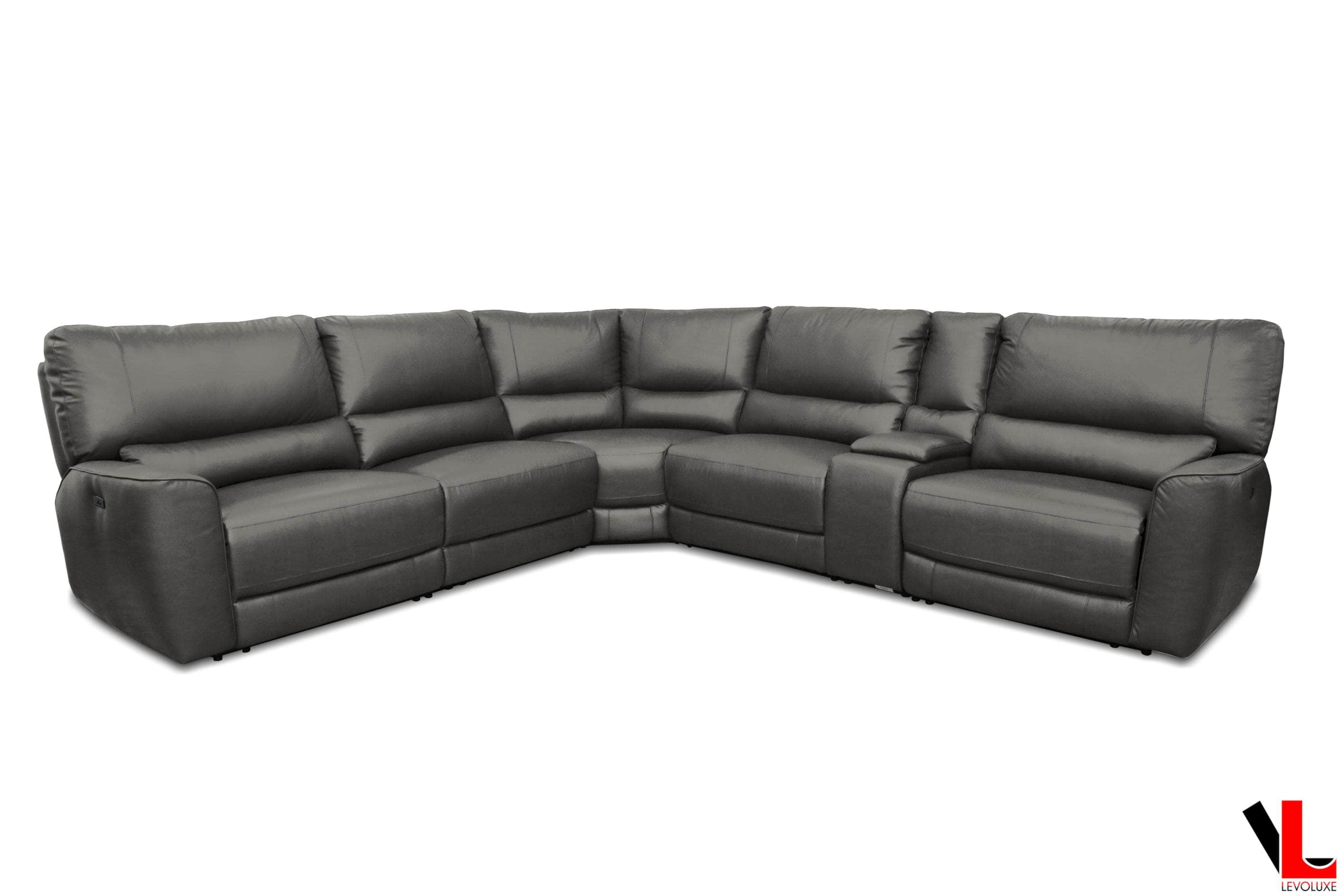 Atlas Corner Sectional Sofa with Console, 2 Power Recliners and 2 Manual Recliners in Ryder Grey Leather Match