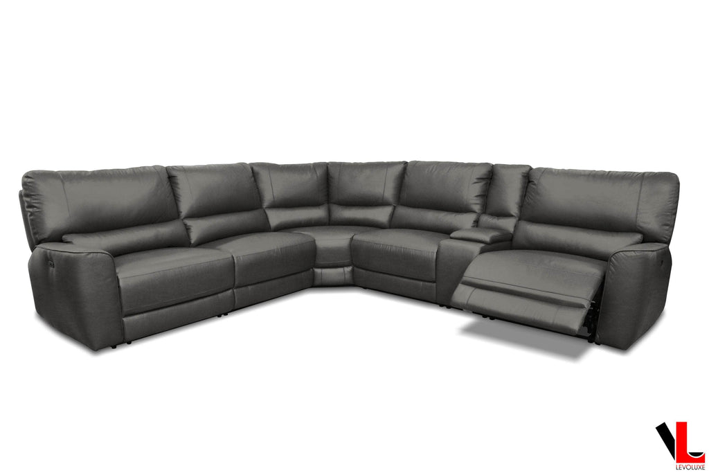 Atlas Corner Sectional Sofa with Console, 2 Power Recliners and 2 Manual Recliners in Ryder Grey Leather Match