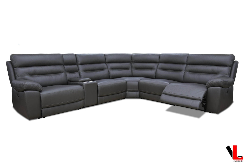 Aura Corner Sectional Sofa with Console, 2 Power Recliners and 2 Manual Recliners in Charcoal Faux Leather