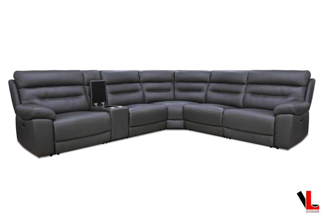Aura Corner Sectional Sofa with Console, 2 Power Recliners and 2 Manual Recliners in Charcoal Faux Leather