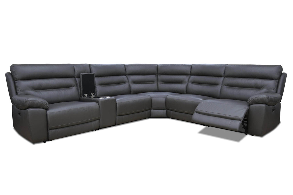 Aura Corner Sectional Sofa with Console, 2 Power Recliners and 2 Manual Recliners in Charcoal Faux Leather