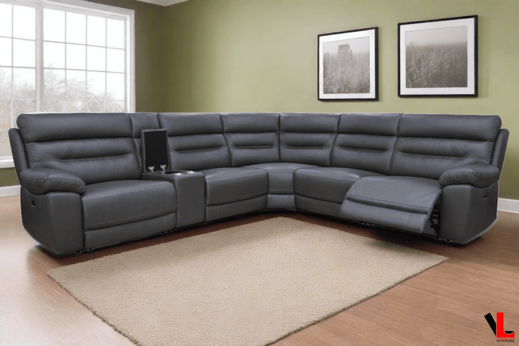 Aura Corner Sectional Sofa with Console, 2 Power Recliners and 2 Manual Recliners in Charcoal Faux Leather