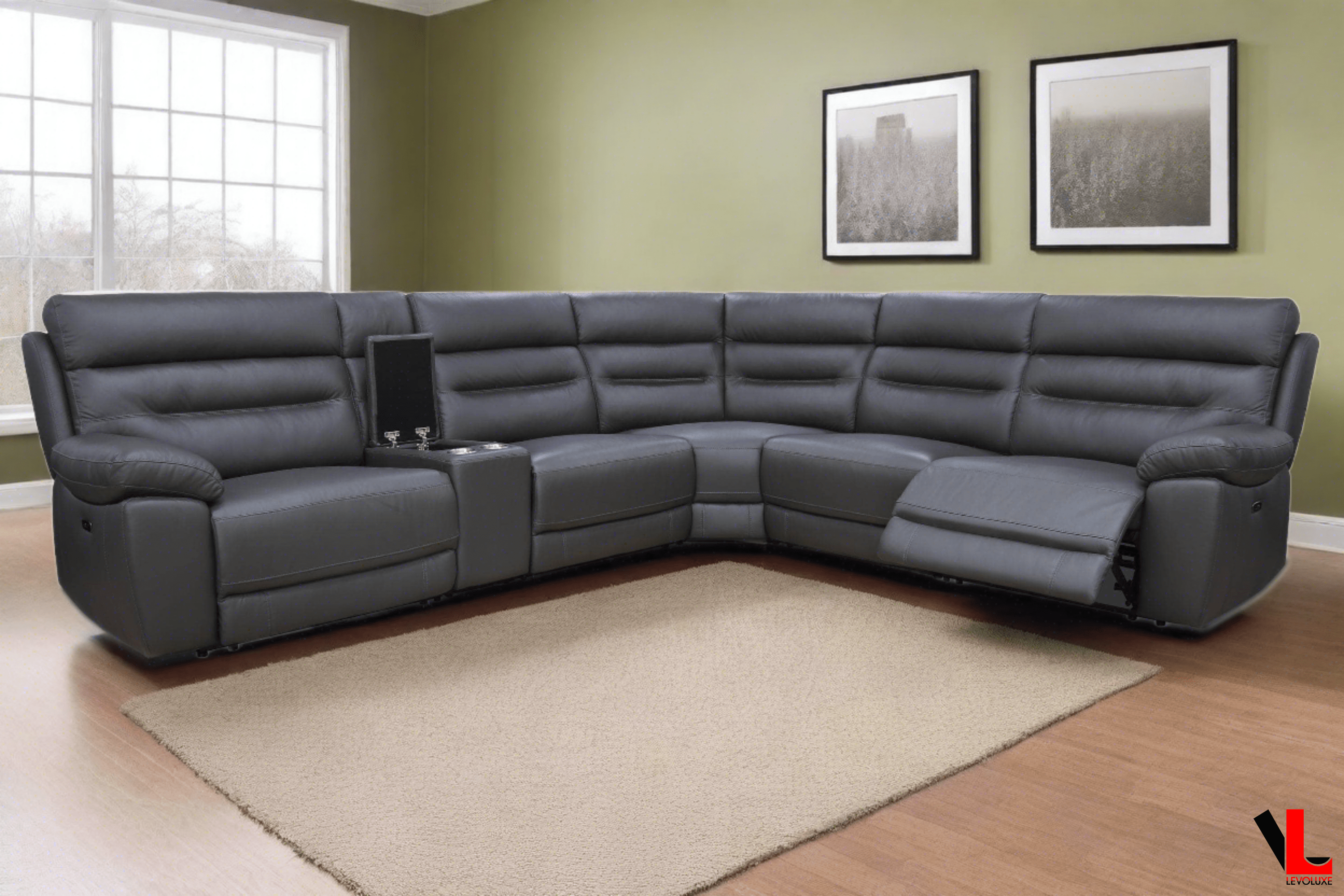 Aura Corner Sectional Sofa with Console, 2 Power Recliners and 2 Manual Recliners in Charcoal Faux Leather
