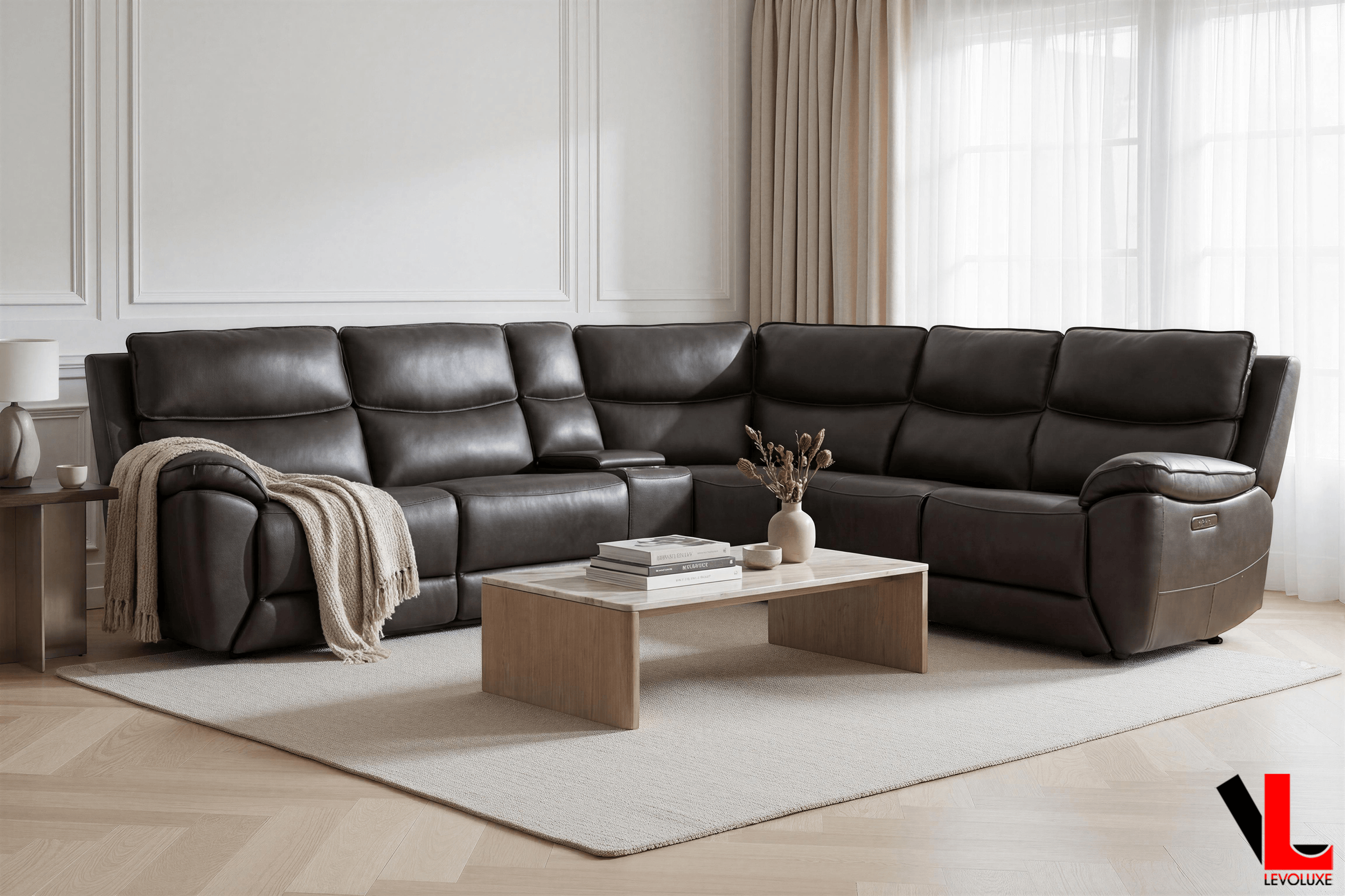 Knox 129" Wide Power Reclining Corner Sectional Sofa with Power Headrests and Storage Console in Espresso Leather Match