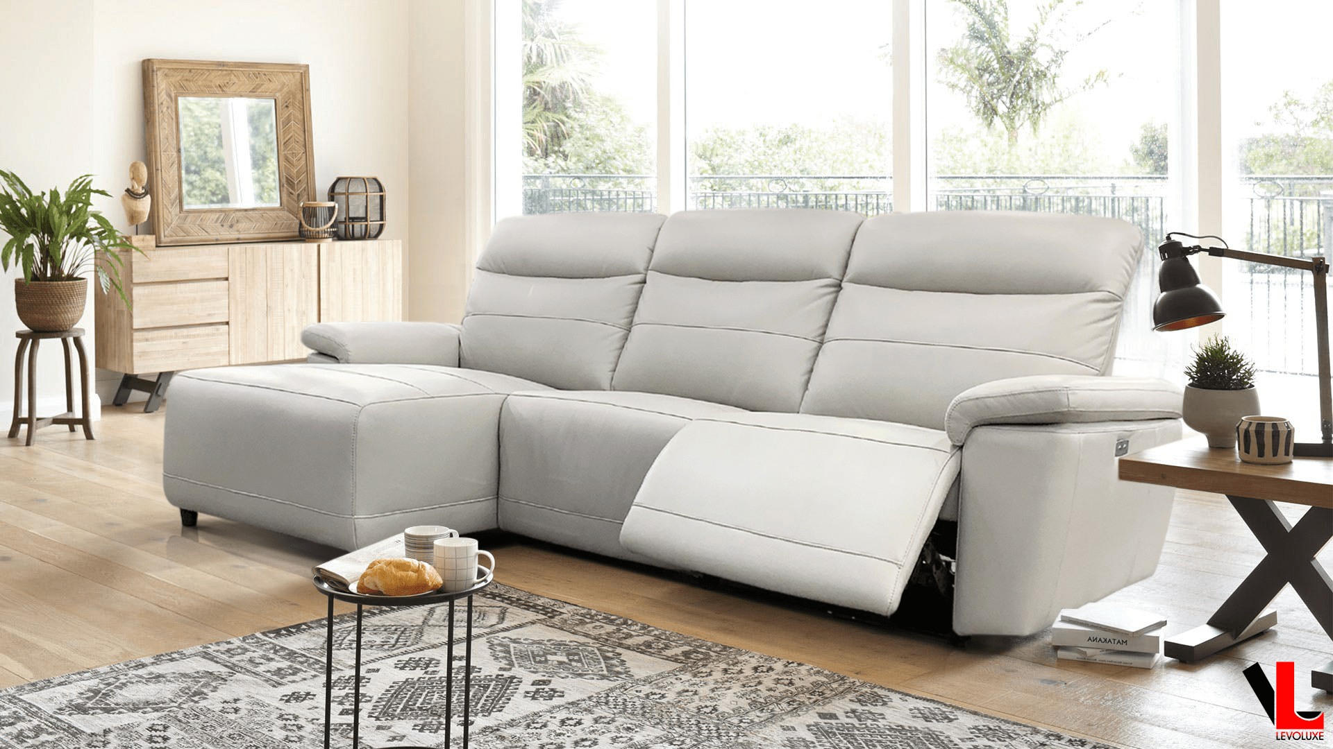 Novak 102" Wide Power Reclining Sectional Sofa in Light Grey Leather Match