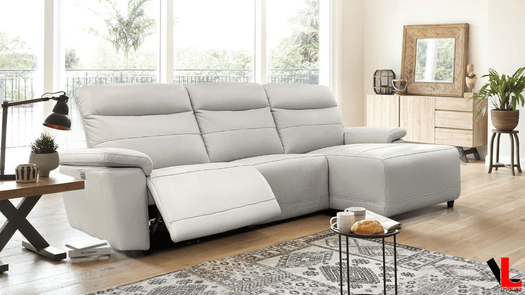Novak 102" Wide Power Reclining Sectional Sofa in Light Grey Leather Match
