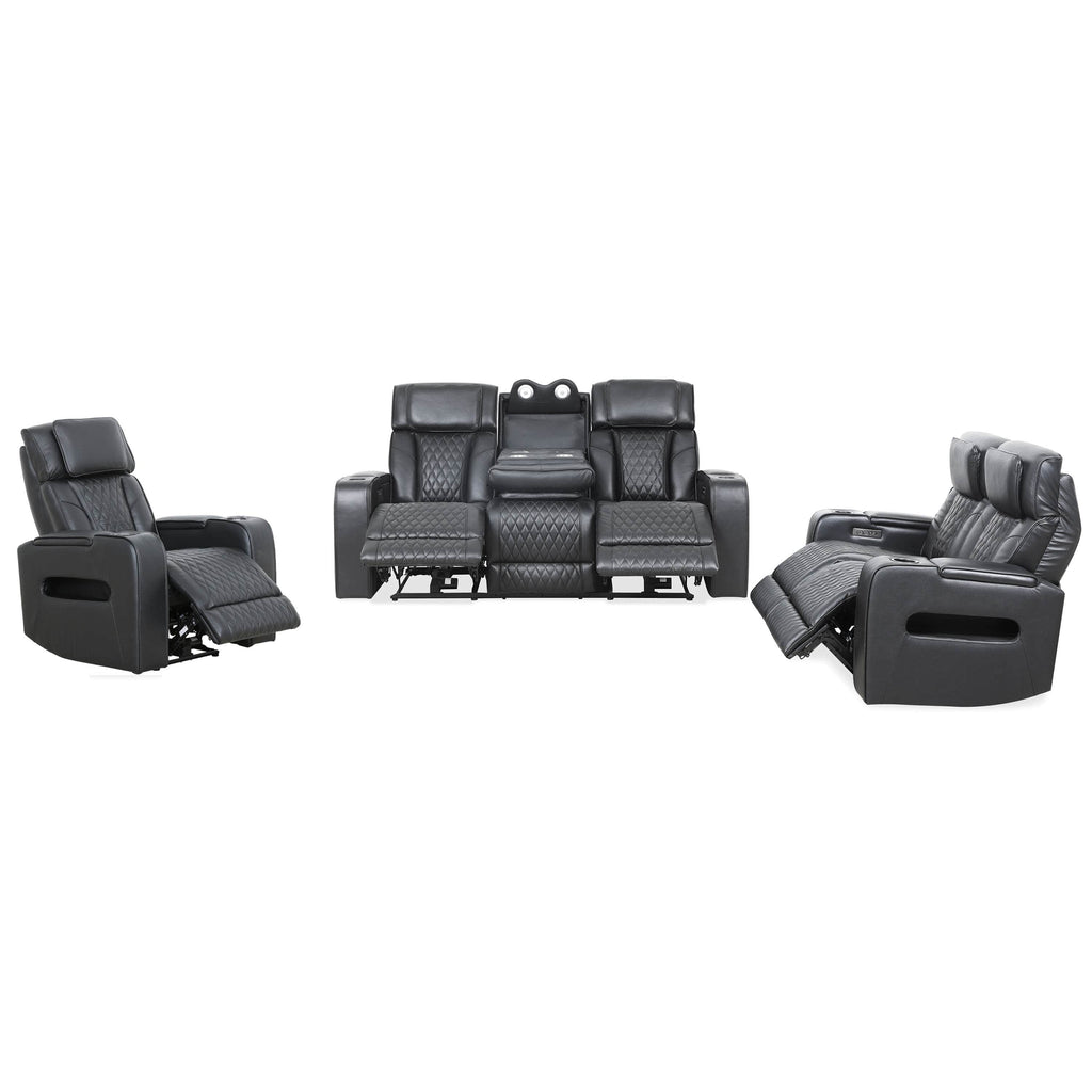 Levoluxe Sofa Set Black Colton 3 Piece Power Reclining Sofa, Loveseat and Chair Set with Power Headrest, Cupholders and Storage in Leather Match