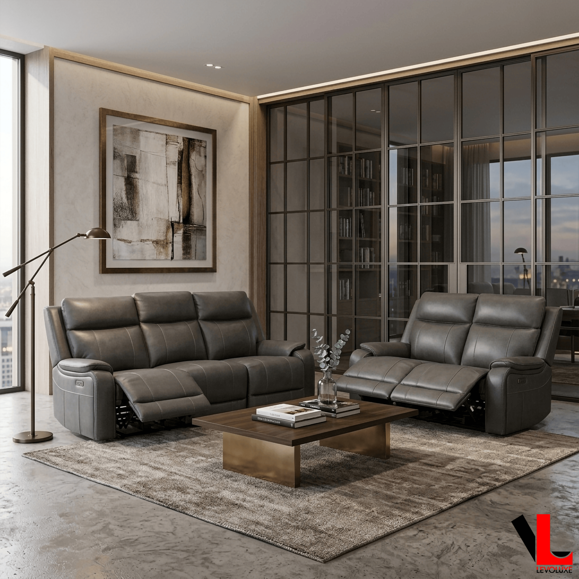 Levoluxe Sofa Set Brindle 2 Piece Power Reclining Sofa and Loveseat Set in Charcoal Leather Match