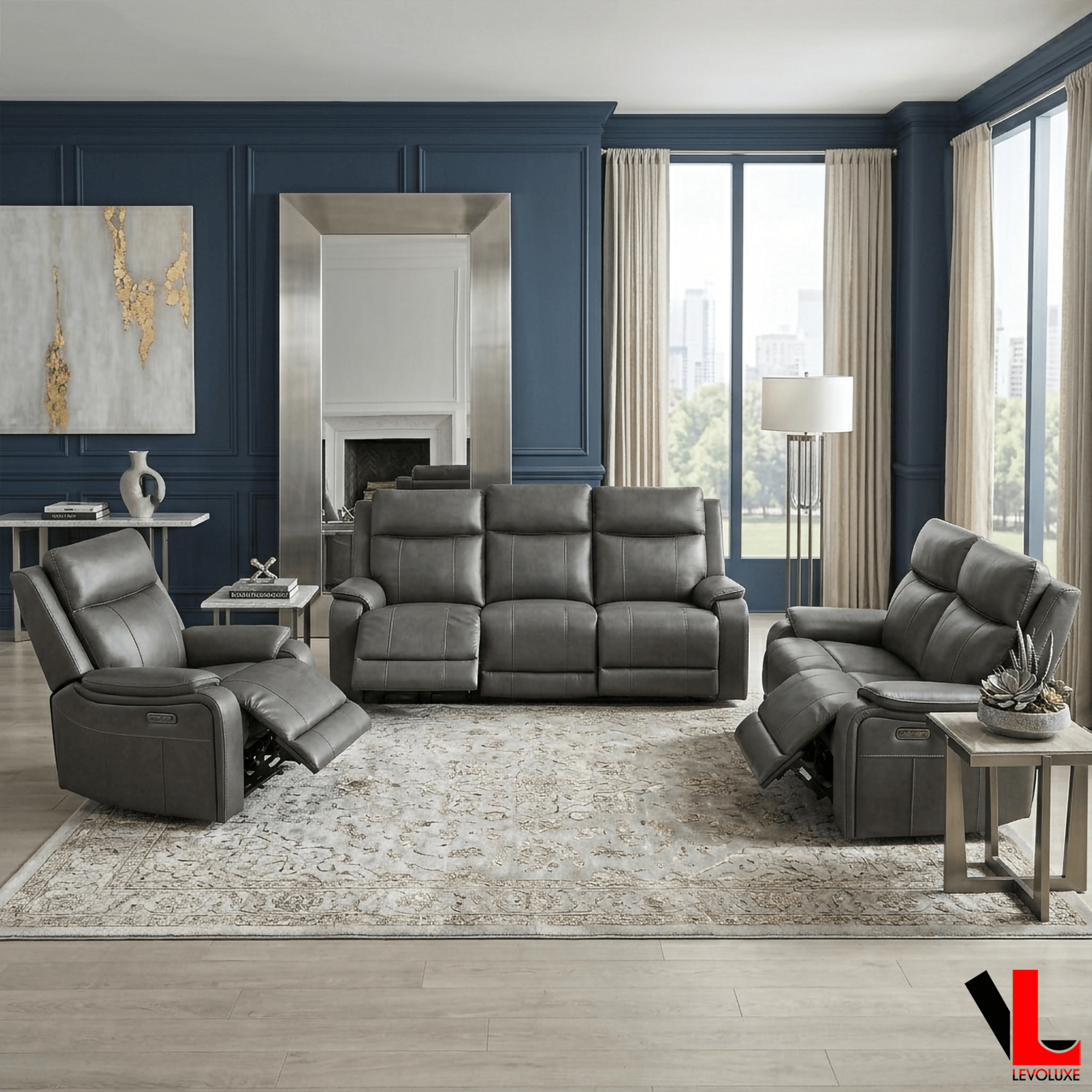 Levoluxe Sofa Set Brindle 3 Piece Power Reclining Sofa, Loveseat and Chair Set in Charcoal Leather Match