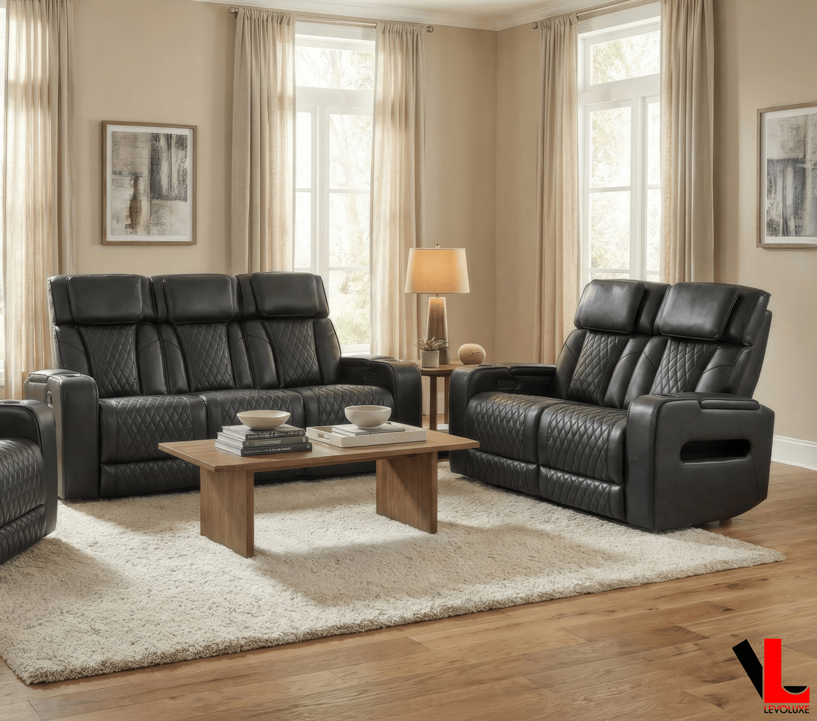 Levoluxe Sofa Set Colton 2 Piece Power Reclining Sofa and Loveseat Set with Power Headrest, Cupholders and Storage in Black Leather Match