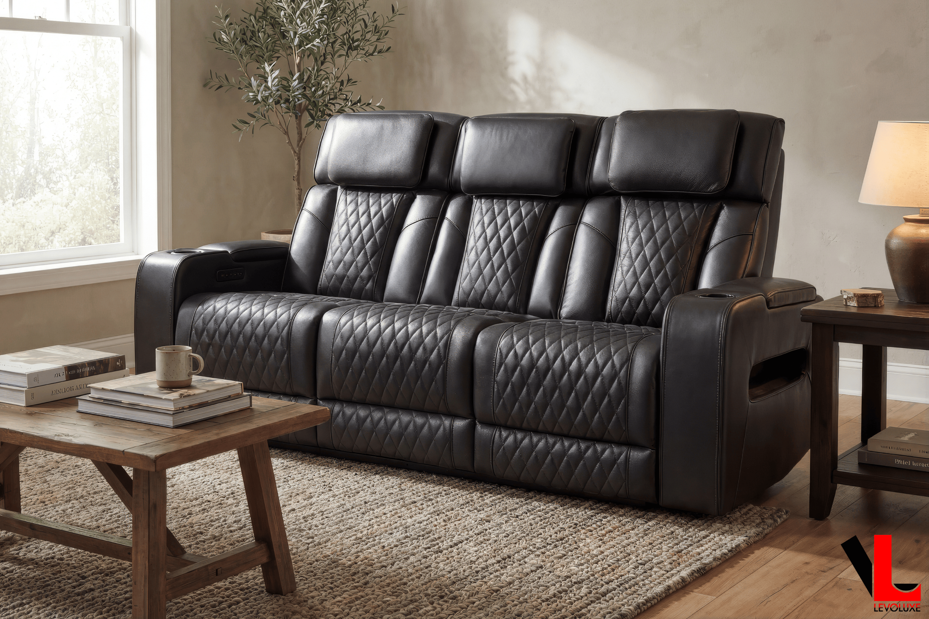 Levoluxe Sofa Set Colton 2 Piece Power Reclining Sofa and Loveseat Set with Power Headrest, Cupholders and Storage in Black Leather Match