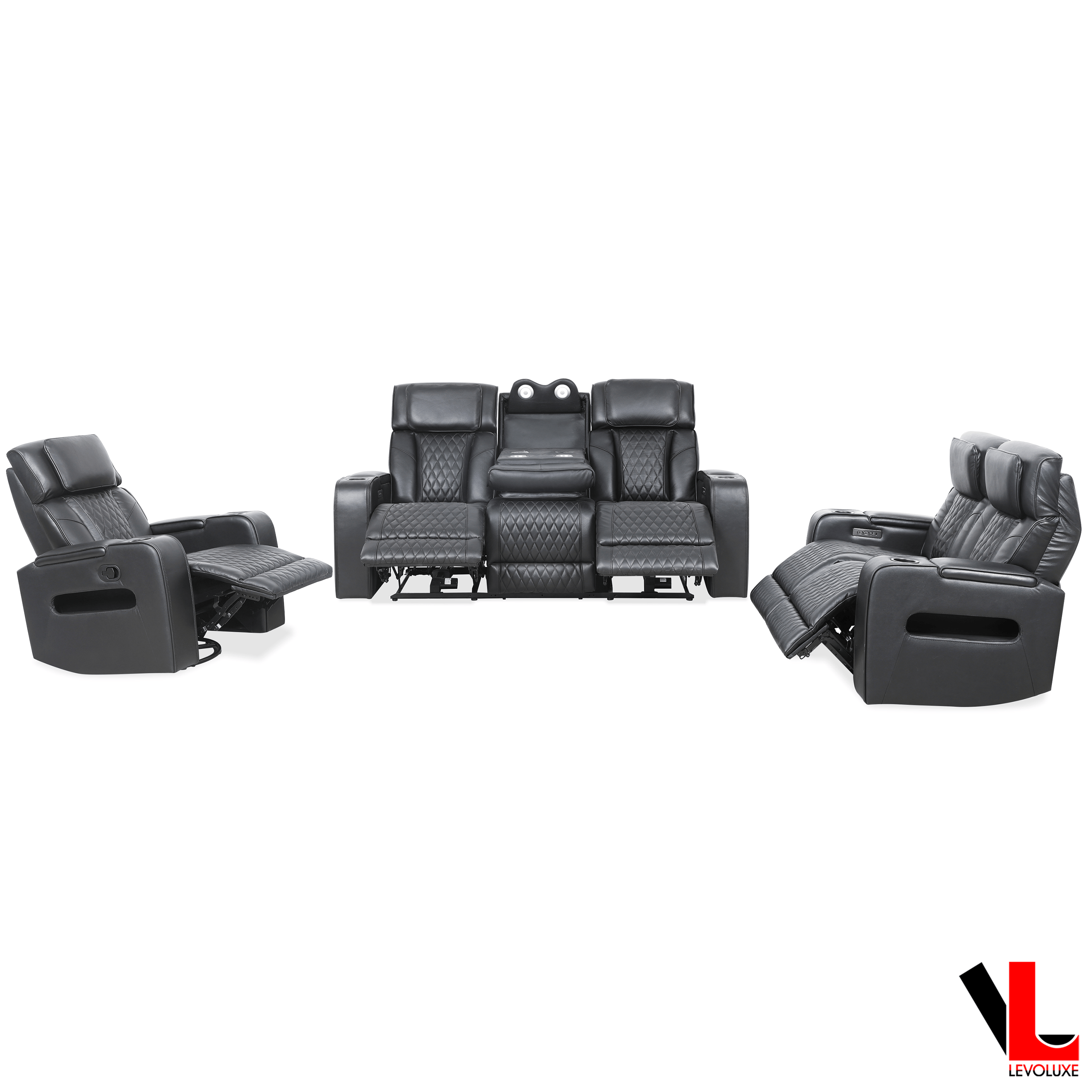 Levoluxe Sofa Set Colton 3 Piece Power Reclining Sofa, Loveseat and Chair Set with Power Headrest, Cupholders and Storage in Black Leather Match