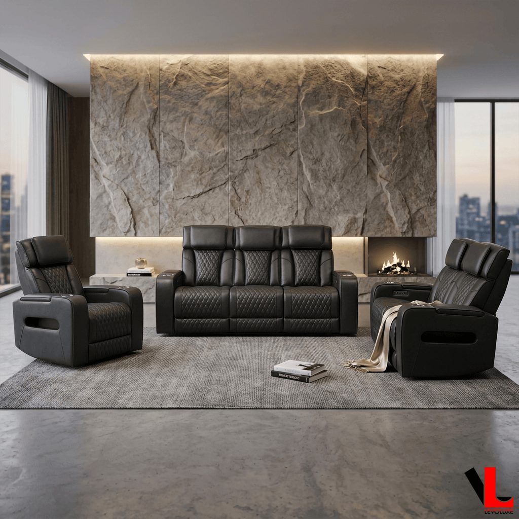 Levoluxe Sofa Set Colton 3 Piece Power Reclining Sofa, Loveseat and Chair Set with Power Headrest, Cupholders and Storage in Black Leather Match