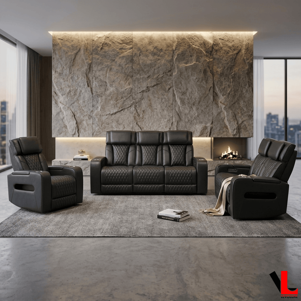 Levoluxe Sofa Set Colton 3 Piece Power Reclining Sofa, Loveseat and Chair Set with Power Headrest, Cupholders and Storage in Black Leather Match
