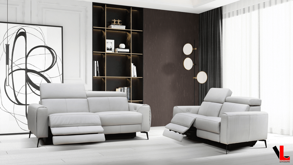 Lennox 2 Piece Power Reclining Sofa and Loveseat Set with Adjustable Headrests in Light Grey Leather Match