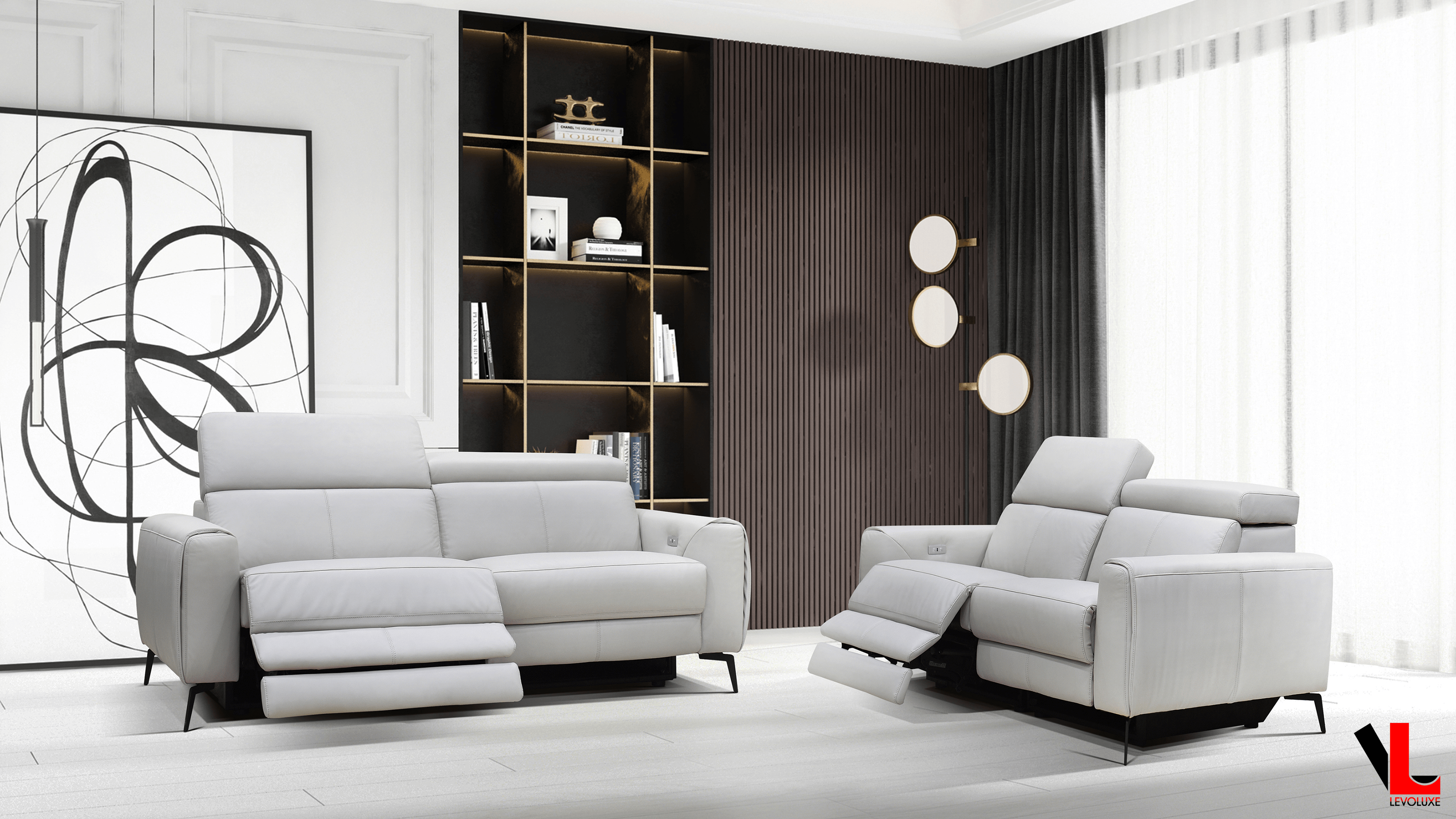 Lennox 2 Piece Power Reclining Sofa and Loveseat Set with Adjustable Headrests in Light Grey Leather Match