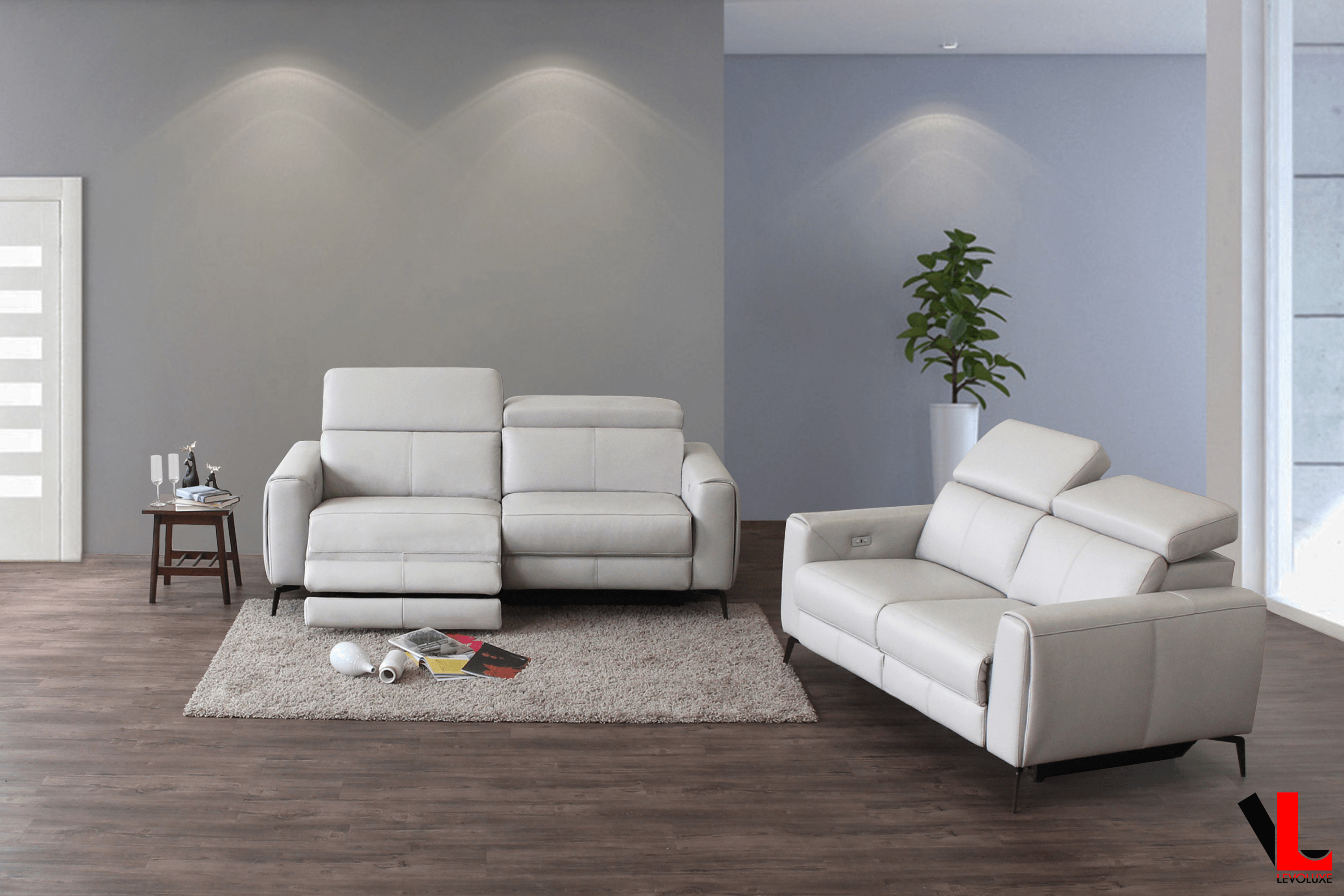 Lennox 2 Piece Power Reclining Sofa and Loveseat Set with Adjustable Headrests in Light Grey Leather Match