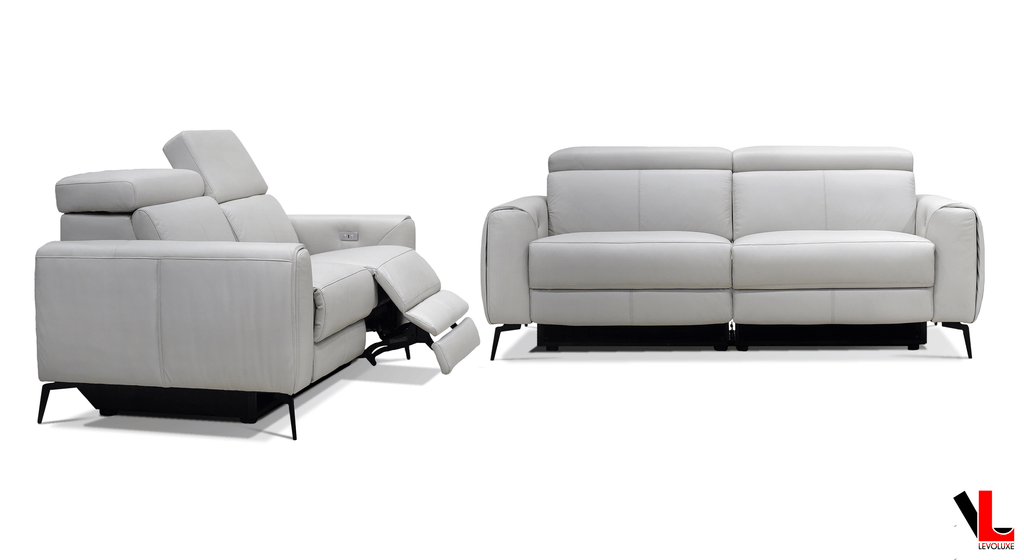 Lennox 2 Piece Power Reclining Sofa and Loveseat Set with Adjustable Headrests in Light Grey Leather Match