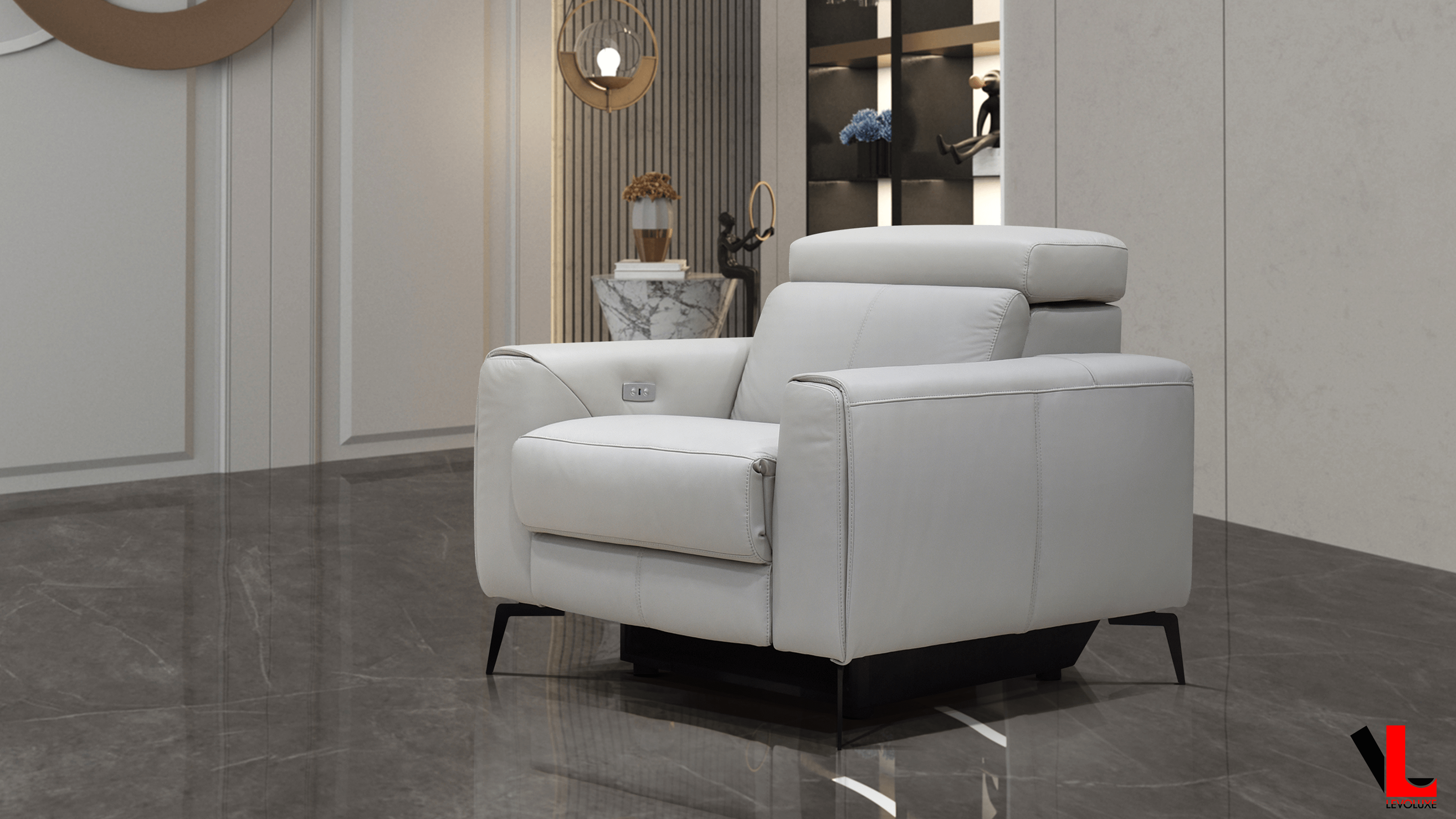 Lennox 3 Piece Power Reclining Sofa, Loveseat, and Chair Set with Adjustable Headrests in Light Grey Leather Match